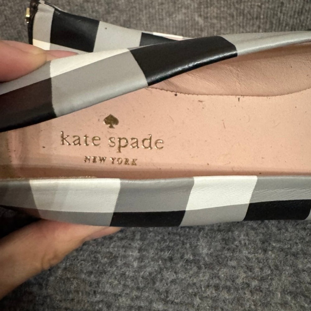 Kate Spade New York Plaid Pointed Toe Ballet Flats Black White Grey Bow 10.5M - Picture 8 of 10